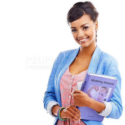 Buy stock photo Woman, fashion student and books with portrait in studio, ideas and space for learning by white background. Girl, Indian person and model with textbook, information or mockup for college education