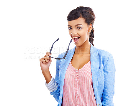 Buy stock photo Wow, portrait and girl with glasses in studio for news, promo and deal information with mockup on white background. Space, optometry or model with surprise discount for eye exam, spectacles or frame