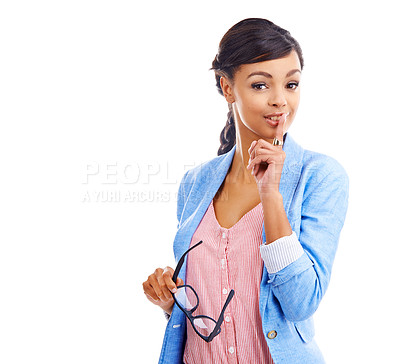 Buy stock photo Secret, glasses and woman face with finger on lips in studio for hush news, promo and deal on white background. Whisper, optometry or undercover discount for exclusive eye exam, spectacles or frame
