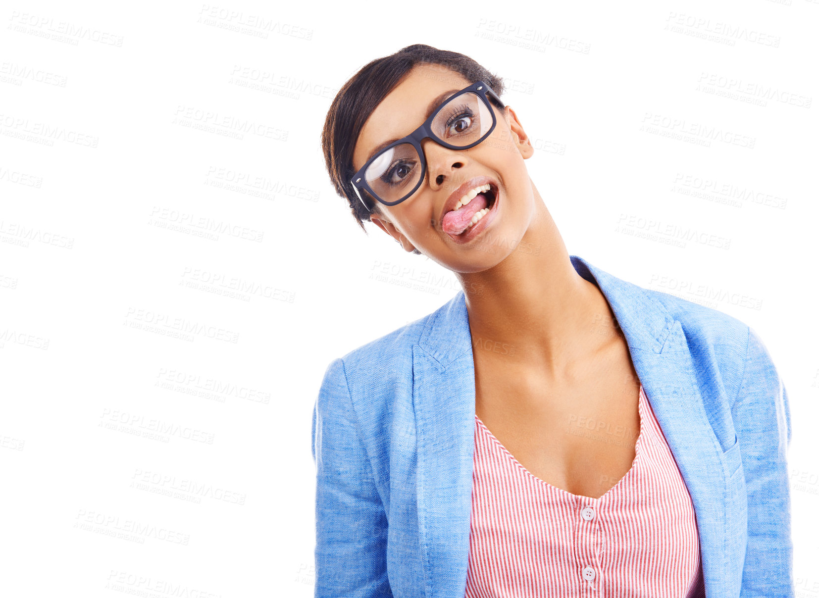 Buy stock photo Tongue out, funny and portrait of black woman in studio with glasses for trendy, stylish and cool fashion. Goofy, mockup and female person with silly face expression isolated by white background.