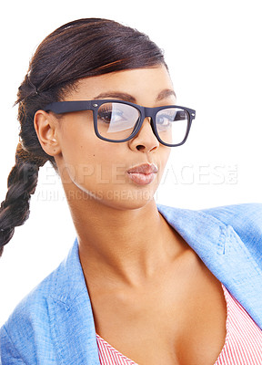 Buy stock photo Studio, portrait and girl with glasses, flirt and confidence in eyewear, geek fashion and casual business clothes. Kiss, face and woman with designer frame, lenses and nerd style on white background.