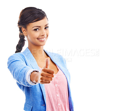 Buy stock photo Portrait, happy girl or thumbs up in studio for help with diy fashion, trend or tips on white background. Eco friendly, fabric and model with ethical brand support for upcycling, clothes or thrifting