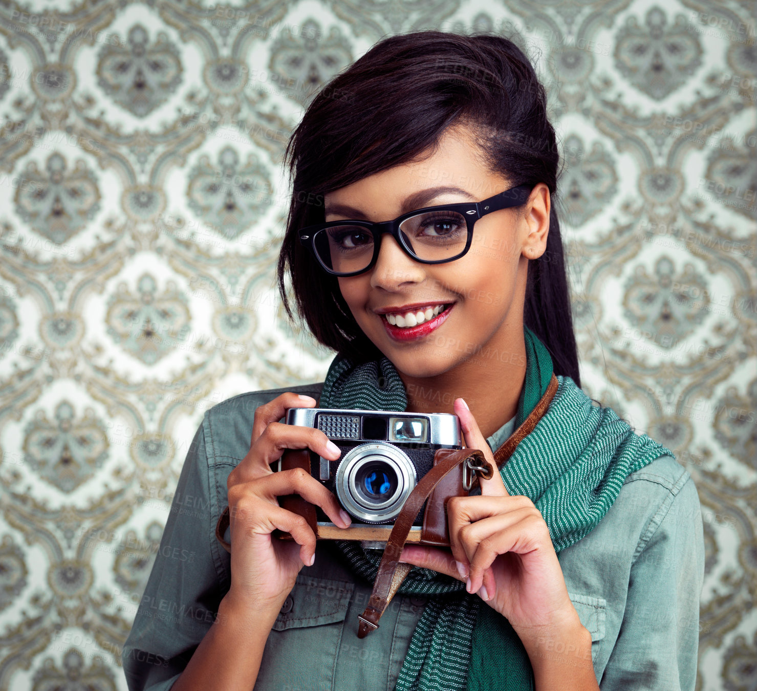 Buy stock photo Glasses, photography and portrait of woman with camera and funky, trendy and cool fashion for job. Smile, photographer and female person with casual outfit and vintage dslr equipment by wallpaper