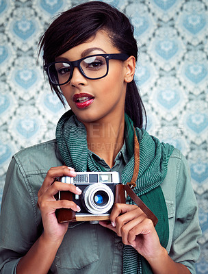 Buy stock photo Creative, photography and portrait of woman with camera and funky, trendy and cool fashion for job. Smile, photographer and female person with casual outfit and vintage dslr equipment by wallpaper.