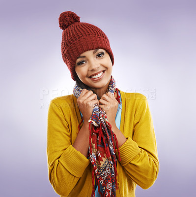 Buy stock photo Cropped portrait of a young woman posing in winter wear