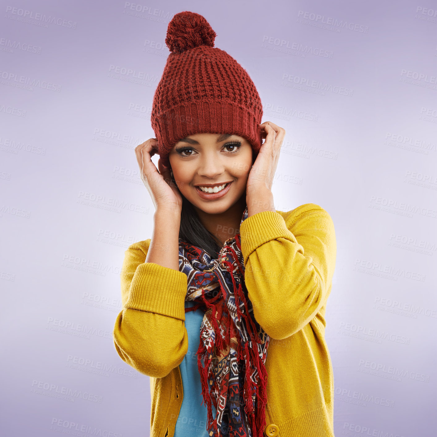 Buy stock photo Portrait, beanie and happy woman in studio for winter fashion isolated on purple background. Face, smile and model in warm scarf, casual clothes and student with style for cold weather in Brazil