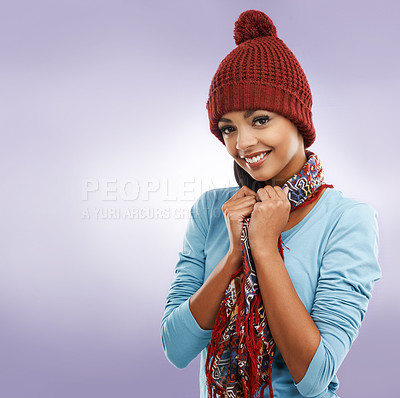 Buy stock photo Portrait, beanie and happy woman in winter fashion isolated on purple studio background mockup space. Face, smile and model in warm scarf, clothes or student with style for cold weather in Argentina