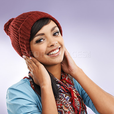 Buy stock photo Fashion, woman and portrait in winter, beanie with scarf for warm on studio background. Accessories, clothing and capsule wardrobe with style for cold weather, hat and thrift for happy female model