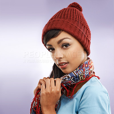 Buy stock photo Fashion, woman and portrait in winter, studio and beanie for warm on colour background. Accessory, clothing or capsule wardrobe with style for cold weather, hat or thrift scarf for happy female model