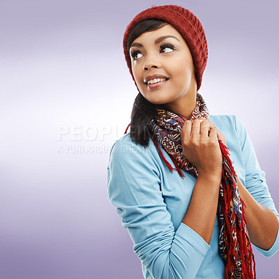 Buy stock photo Fashion, woman and thinking in winter, beanie with scarf for warm on studio background. Accessories, clothing and capsule wardrobe with style for cold weather, hat and thrift for happy female model