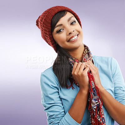Buy stock photo Fashion, woman and portrait in winter, beanie with scarf for warm on studio background. Accessories, clothing and capsule wardrobe with style for cold weather, hat and thrift for happy female model