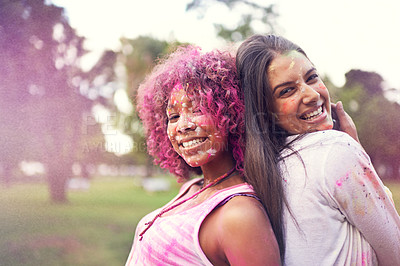 Buy stock photo Splash, paint and portrait of women at color powder festival  for fun, experience or bonding. Travel, freedom or face of lady friends in India for Holi, celebration or colorful street party tradition