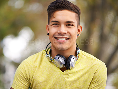 Buy stock photo Happy, portrait and young man at skatepark for skating practice or training for competition. Smile, gen z and face of cool male person sitting on ramp with positive, good and confident attitude.
