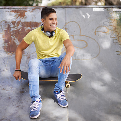 Buy stock photo Happy, fashion and man with skateboard in park for training, exercise and skating in city. Skater, relax and young person in trendy, casual outfit and street style for sports, fun hobby and fitness
