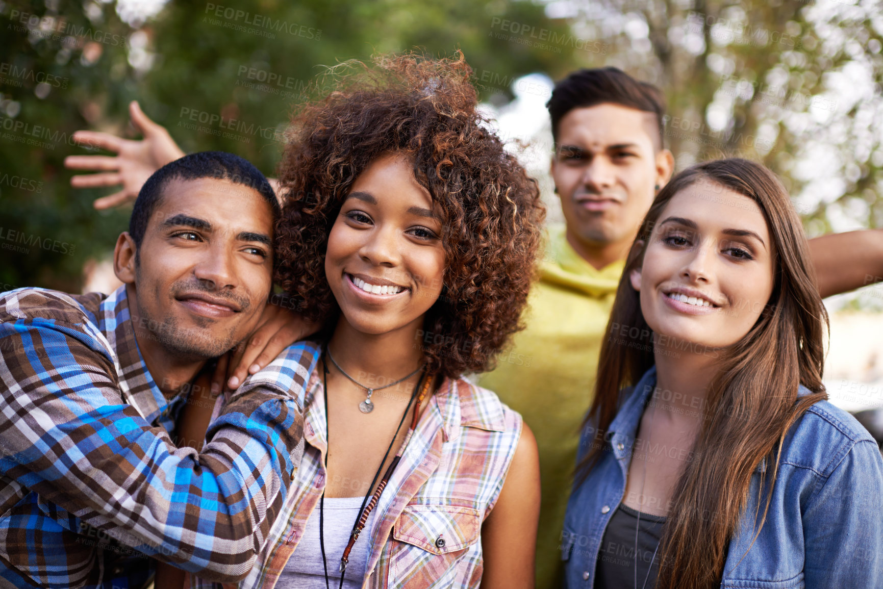 Buy stock photo Portrait, smile and group with diversity, sunshine and nature with weekend break, friends and reunion. Happiness, people and men with women and outdoor with summer and cheerful with fun and support