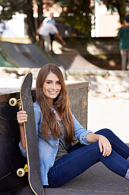 Buy stock photo Fashion, happy and portrait of woman with skateboard in city for exercise, training and skating in park. Skater, fitness and person in trendy, casual and street style for sports, fun hobby and relax