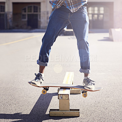 Buy stock photo Skatepark, balance and man with riding skateboard for technique, skill and trick in recreation activity. Skateboarder, lens flare and male person for training, competition or hobby in city of Atlanta