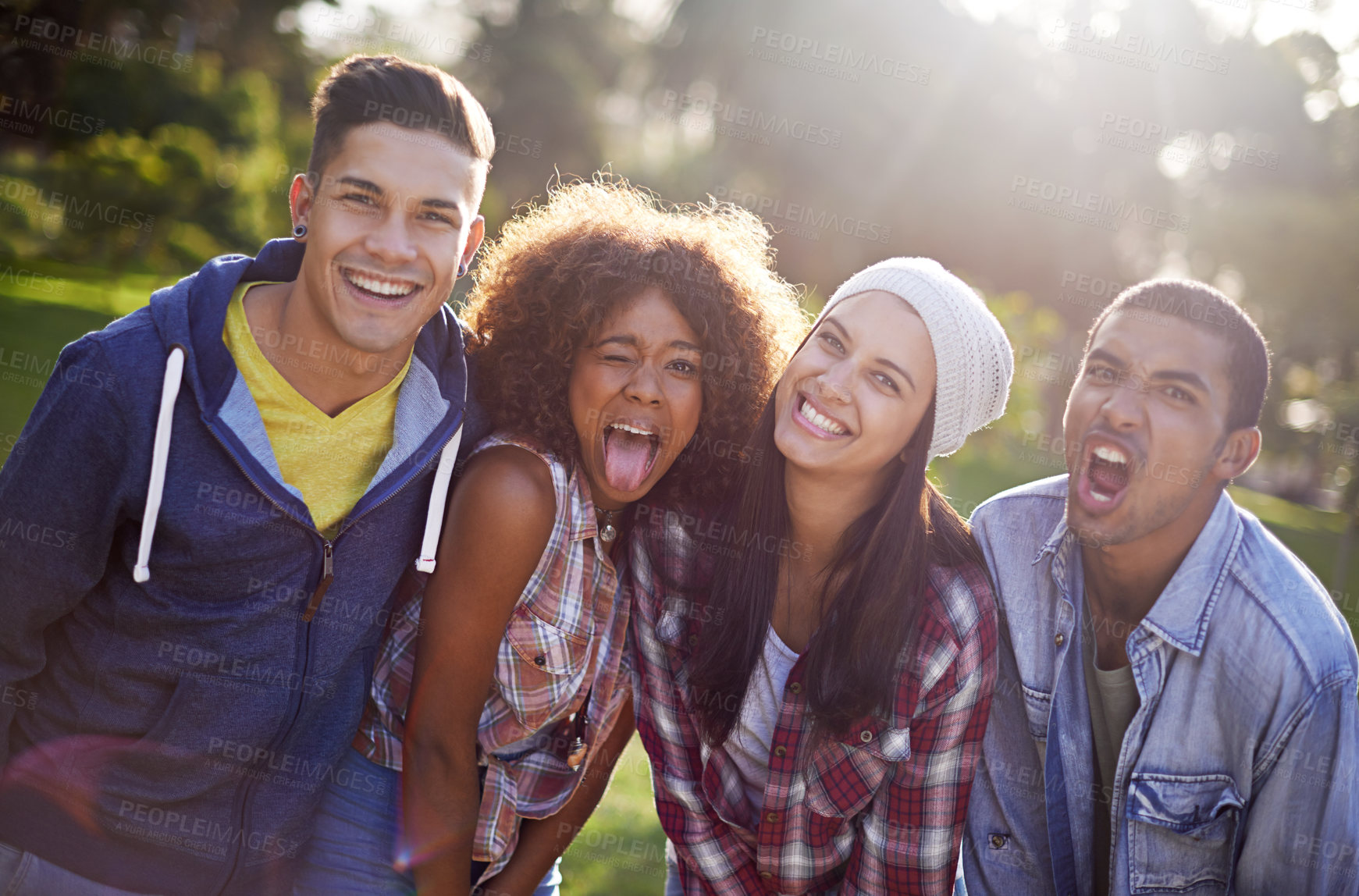 Buy stock photo Portrait, funny and group with diversity, sunshine and nature with weekend break, friends and reunion. Happiness, comedy or men with women, goofy and outdoor with summer or cheerful with fun or silly