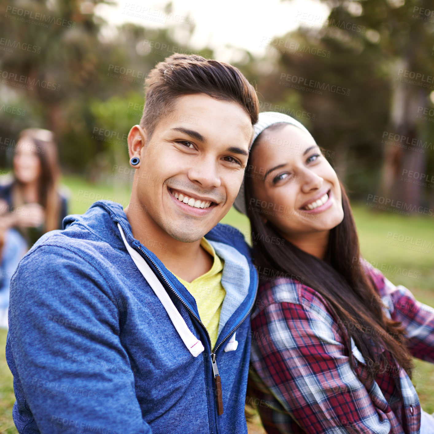 Buy stock photo Couple, portrait and smile in nature for adventure, picnic date and weekend break in outdoor park. Face, happy man and woman in sunshine for bonding, relaxing holiday and travel in countryside
