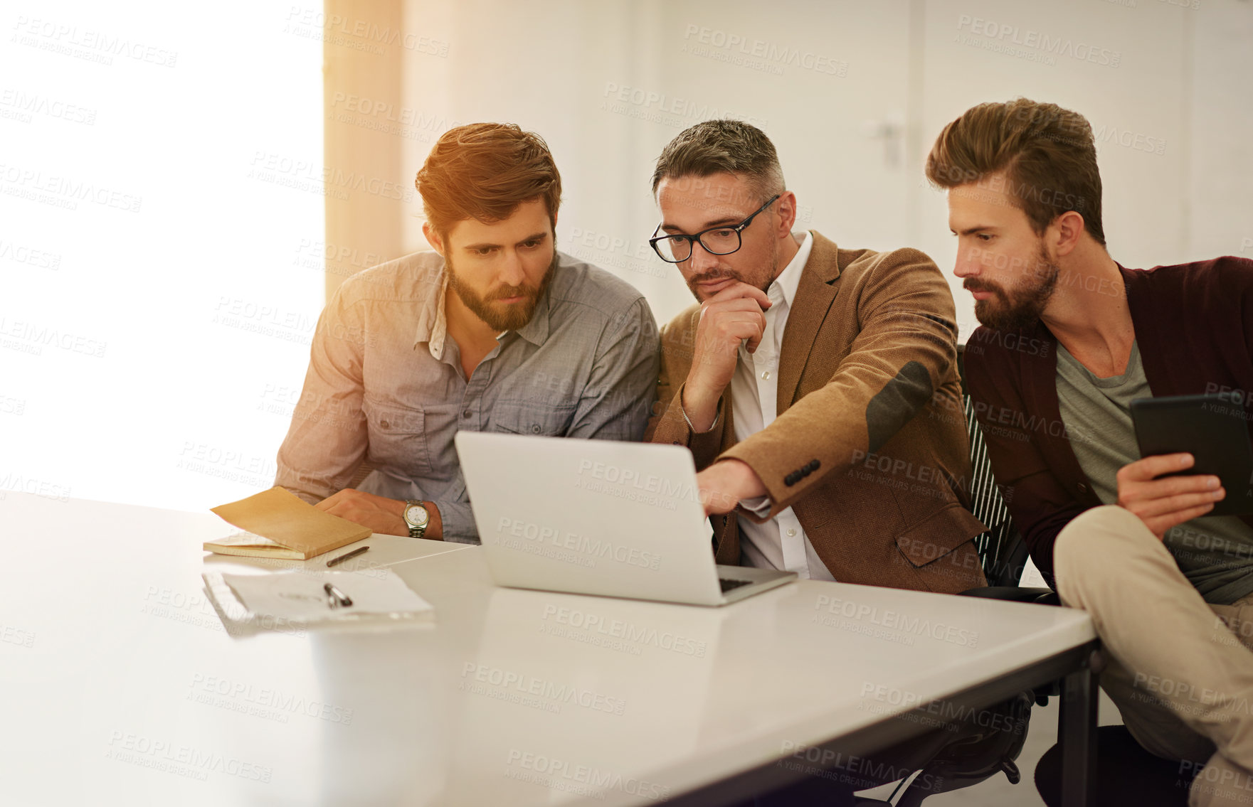 Buy stock photo Group, business people and manager with laptop on table for financial meeting, pitch or presentation. Team, accountant and collaboration in office with computer for economy, documents for strategy