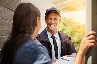 Buy stock photo Woman, package and sign for moving, delivery man and shipping order with paperwork and parcel. Cardboard box, cargo and courier with document, form and service of distribution worker with customer