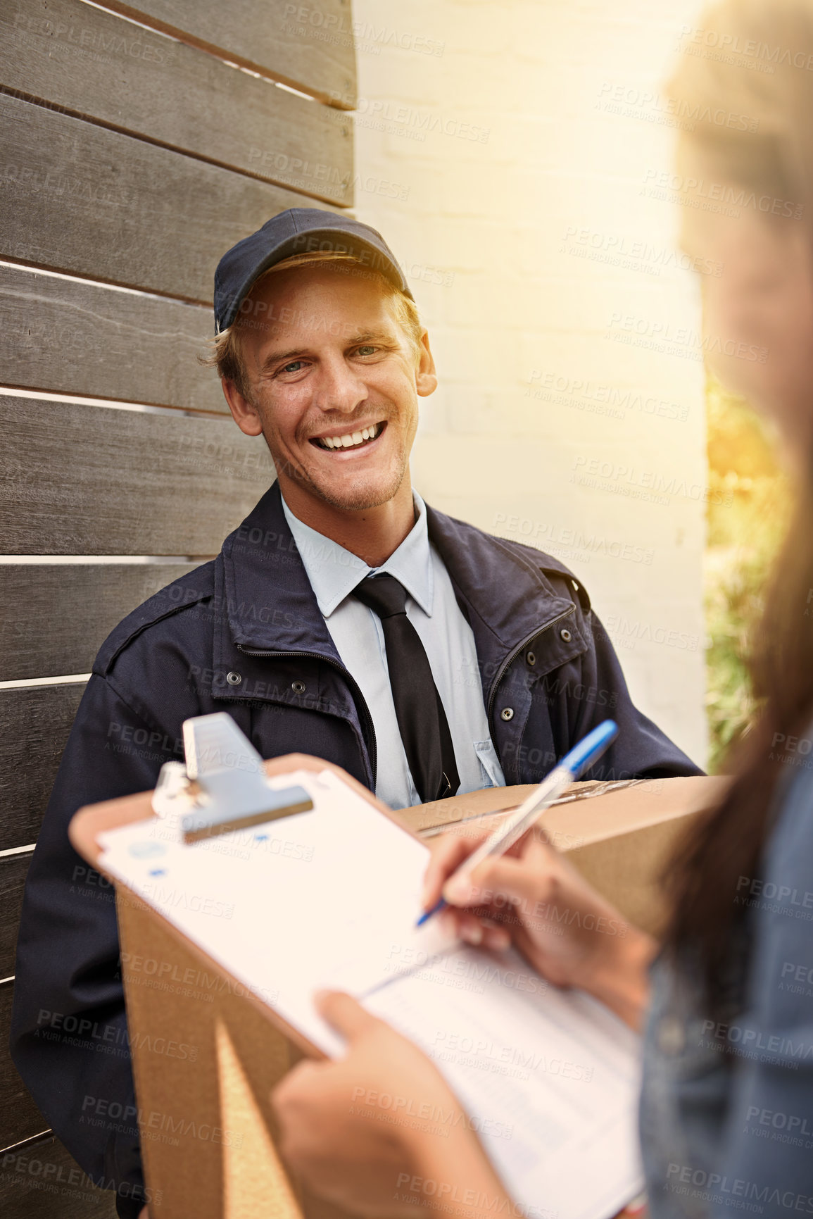 Buy stock photo Woman, smile and signature for package, delivery man and shipping order with paperwork and parcel. Cardboard box, sign and courier with document, form and service of distribution worker with customer