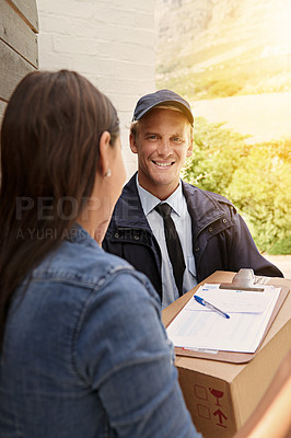 Buy stock photo Woman, smile and signature for package, delivery man and shipping order with paperwork and parcel. Cardboard box, sign and courier with document, form and service of distribution worker with customer