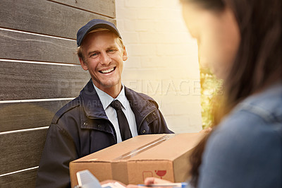 Buy stock photo Courier, box and man with delivery for ecommerce, online shopping and shipping happy for job in logistics industry. Male person, professional and woman at door in house, home and customer in sales