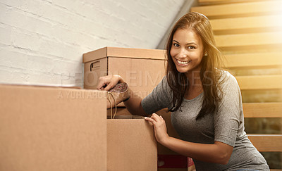 Buy stock photo Woman, package and boxes with portrait from delivery, order or moving for new real estate and property. Cardboard, shipping and smile and happy homeowner with packing and parcel on house stairs