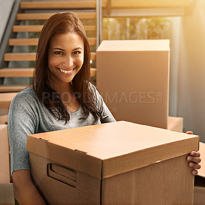 Buy stock photo Woman, package and boxes with smile portrait from delivery, order or moving for real estate and property. Cardboard, shipping and shipment and happy homeowner with packing and parcel by house stairs