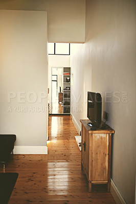 Buy stock photo House, empty room and corridor with home decor or real estate building property or furniture, television or hallway. Lounge, wooden floor and cupboard or New York residential, organized or modern