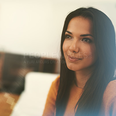 Buy stock photo Thinking, woman and rest on sofa in lounge for wellness, comfort and memory in home. Happiness, face and Mexican female person on couch in living room for calm, weekend off and peaceful day in house