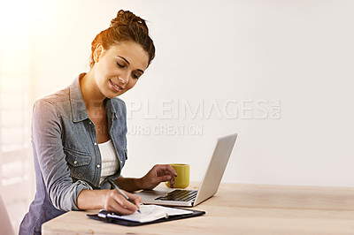 Buy stock photo Businesswoman, office and laptop thinking and notepad, creative or digital technology planning or web development. Communication and networking for social media, internet connection or design idea