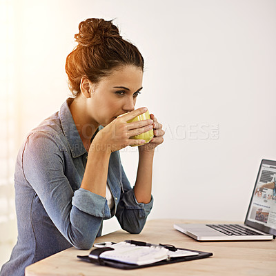 Buy stock photo Businesswoman, office and thinking and drinking coffee, laptop for digital technology planning or web development. Networking and communication for social media, internet research or design idea