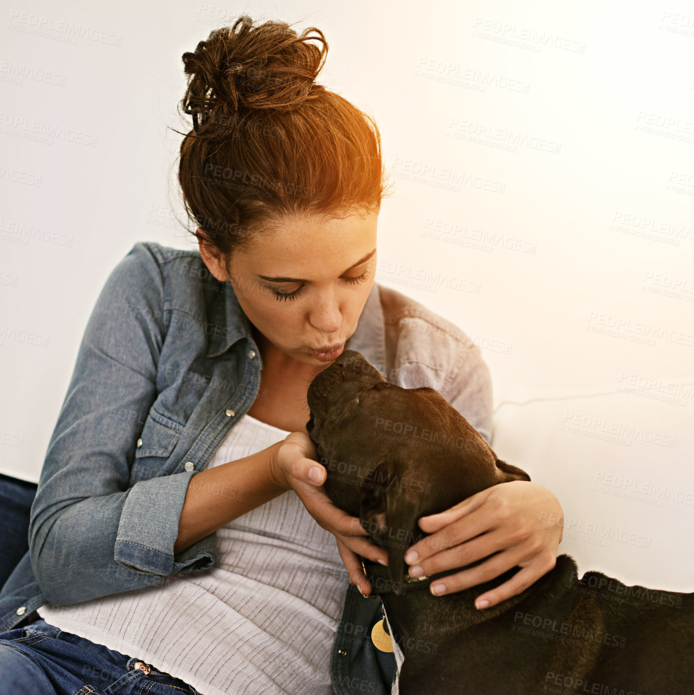 Buy stock photo Kiss, dog and woman together on sofa or animal, happy owner and physical affection, love and hugs. Girl, canine and pet smooch and building quality relationship with care, play or hug