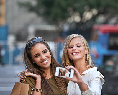 Buy stock photo Fashion, street selfie and happy people, shopping friends or city women with picture memory of France vacation. Retail brand purchase, trendy market clothes and stylish person post to social network