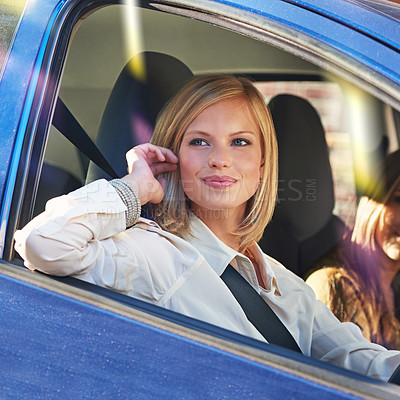 Buy stock photo Car road trip, travel and happy woman, driver or person on street journey, adventure or waiting in outdoor city traffic. Automobile transportation, window and female person driving in mobile vehicle