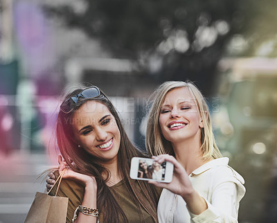 Buy stock photo Happiness, urban selfie and shopping people, friends or city women with picture memory of fashion, apparel or designer clothes. Black Friday deal, trendy boutique and person post to social media