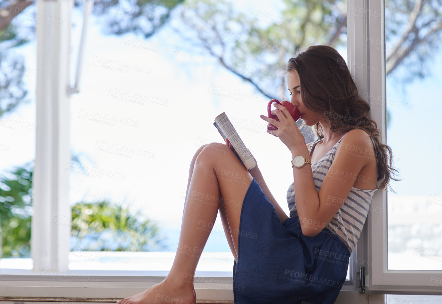 Buy stock photo Floor, coffee and woman with book for reading, knowledge development and relax at home with hobby. Beverage, female person and drink with fiction novel for fantasy, personal growth and tea in house