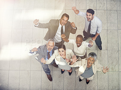 Buy stock photo Portrait, business people and happiness for victory, teamwork or collaboration together in office. Top view, winner and group of diverse employee workers for success, good job or celebration