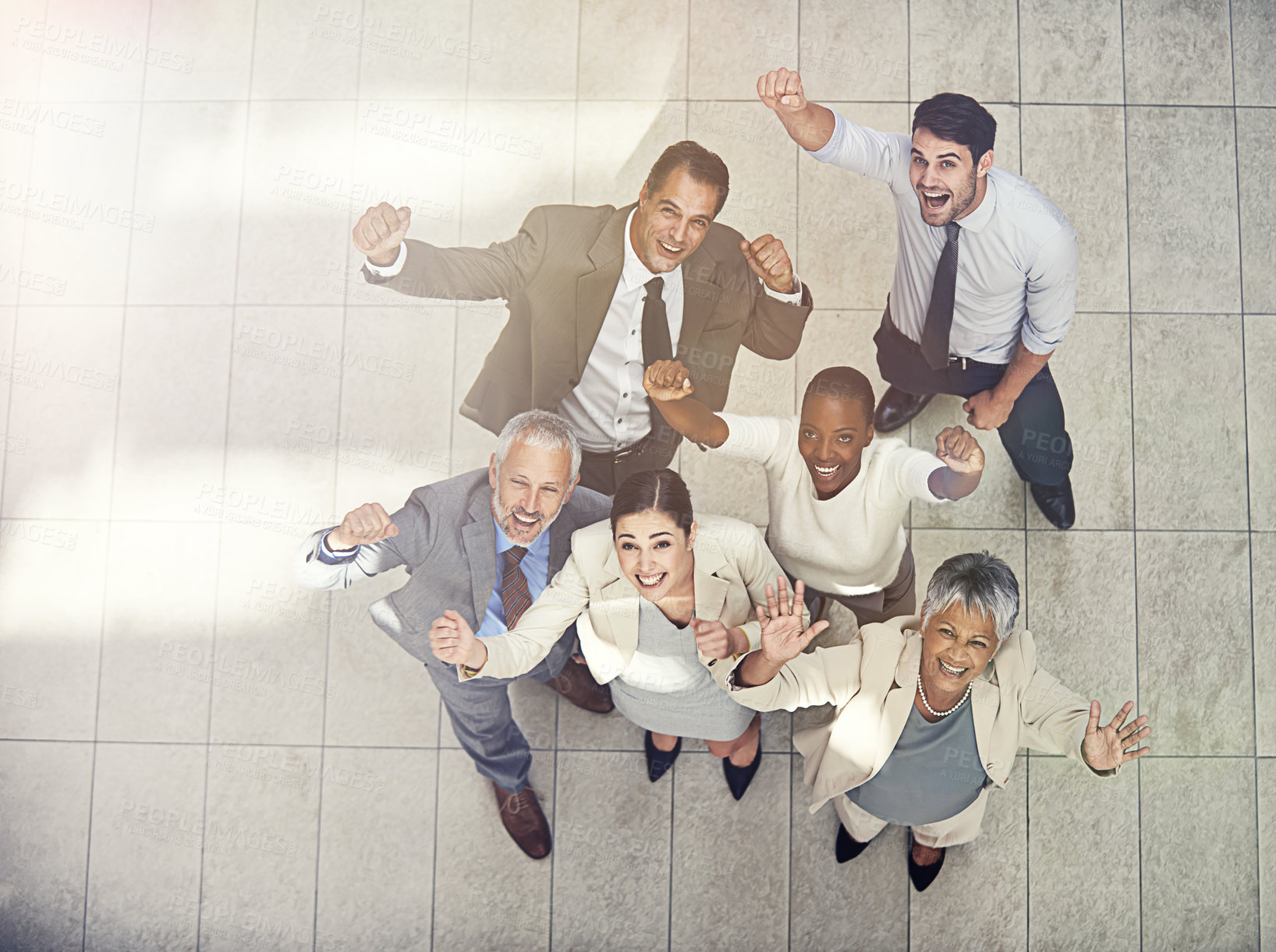 Buy stock photo Portrait, business people and happiness for victory, teamwork or collaboration together in office. Top view, winner and group of diverse employee workers for success, good job or celebration
