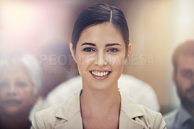 Buy stock photo Leadership, portrait and happy business woman with group in office for collaboration, teamwork or support. Face, smile or lady lawyer with paralegal team at law firm for startup, help or career