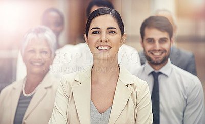 Buy stock photo Portrait, leadership and business woman with group in office for collaboration, teamwork or support. Face, smile or female lawyer with paralegal team at law firm for startup, about us or career goals