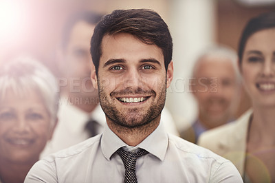 Buy stock photo Leadership, portrait or happy businessman with group in office for collaboration, teamwork or support. Face, smile or male lawyer with paralegal team at law firm for startup, about us or career goals
