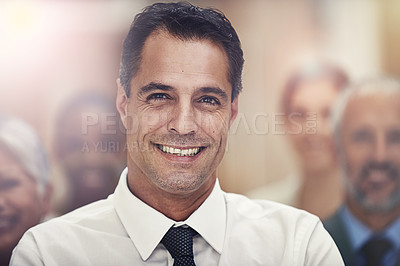 Buy stock photo Leadership, portrait or mature businessman with group in office for collaboration, teamwork or support. Face, smile or male lawyer with paralegal team at law firm for startup, help or career goals