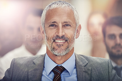 Buy stock photo Business, leadership or senior man portrait with group in court for collaboration, teamwork or support. Face, smile or old lawyer with paralegal team at law firm for startup, about us or career goals