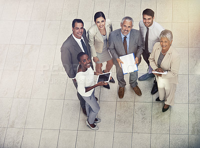 Buy stock photo Teamwork, portrait and business people in office for collaboration, planning and conversation. Top view, corporate and group of diverse employee workers for strategy, brainstorming or technology