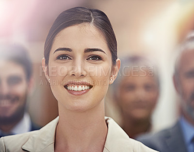 Buy stock photo Business, leadership and happy woman with group in office for collaboration, teamwork or support. Face, smile or female lawyer with paralegal team at law firm for startup, about us or career goals