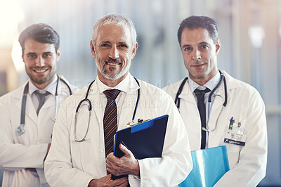 Buy stock photo Portrait, leader and happy team of doctors in hospital for healthcare service together. Face, smile and group of medical professionals in collaboration, cooperation or men with checklist in clinic