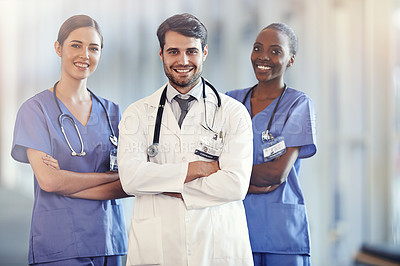 Buy stock photo Portrait, leader and smile of medical team in hospital for healthcare service in clinic. Confidence, doctor and face of diverse group of nurses in collaboration, cooperation or arms crossed together